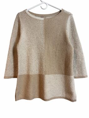 Chicos Tan Metallic Stitch Sequin Sparkle Colorblock Sweater
